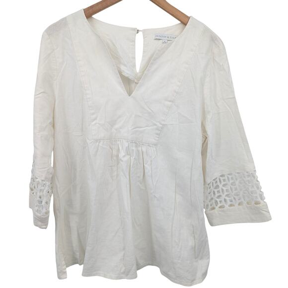 Preston & York Linen Blend White Blouse Women’s Size 10 Lace Trim 3/4 Sleeve - Picture 1 of 5